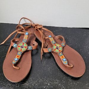 Aspiga Hand Crafted Colorful Beaded Brown Sandals With Lace Ankles